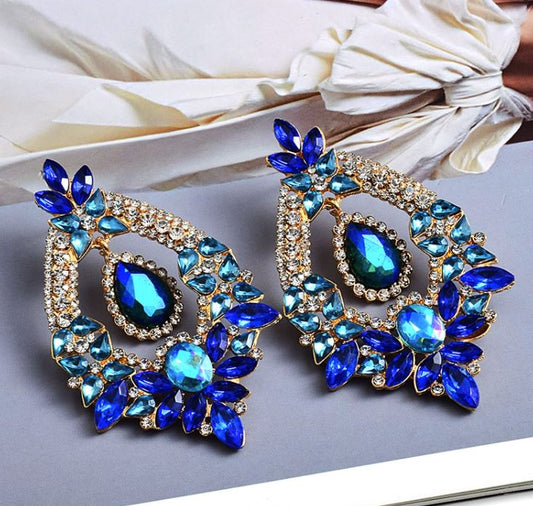 Multi Color Blue CZ Crystal Long Drop Earrings