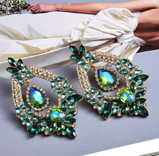 Multi Color Green CZ Crystal Long Drop Earrings