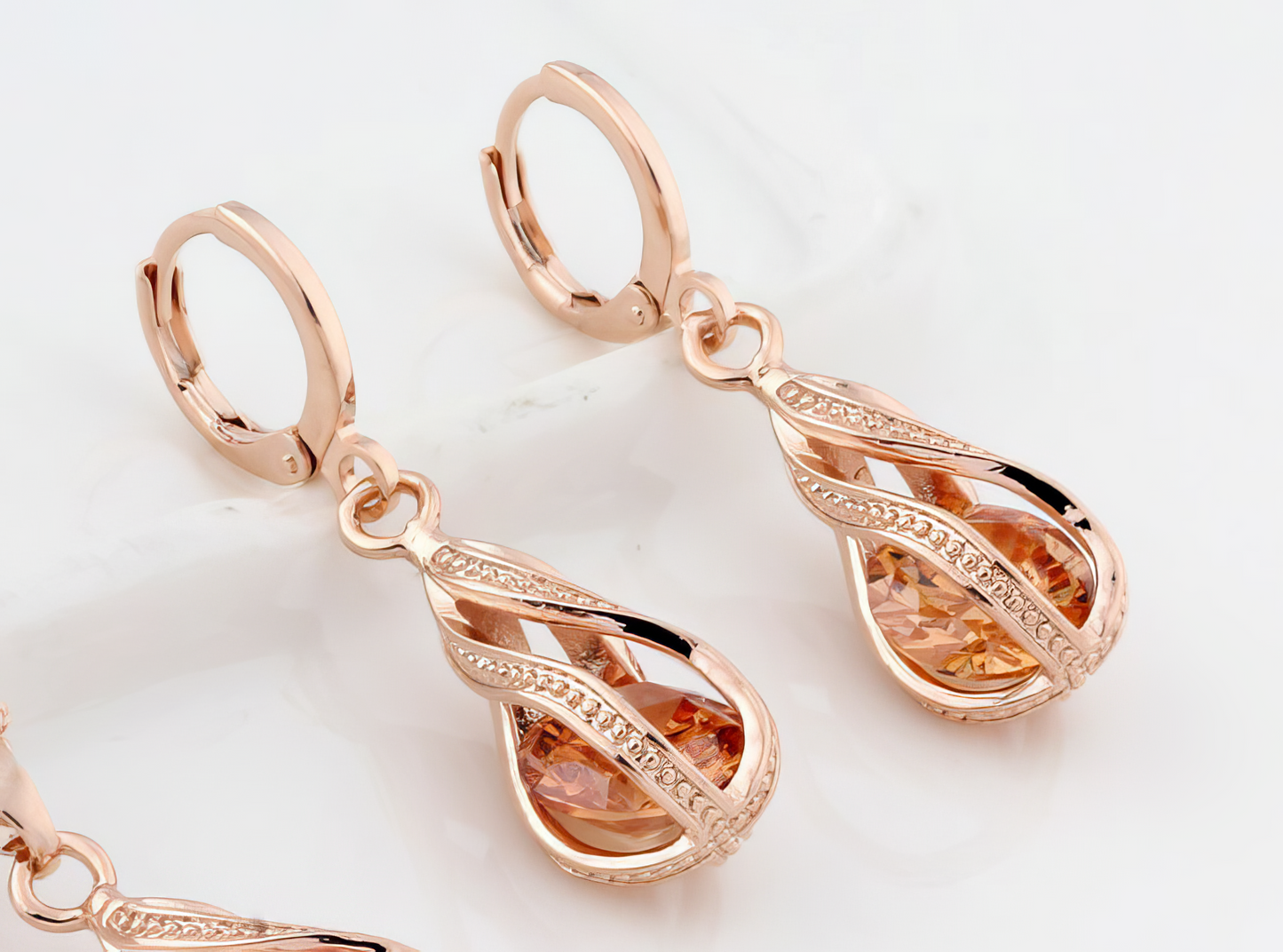 Rose Gold Water Drop Earrings with Amber Glass Stone