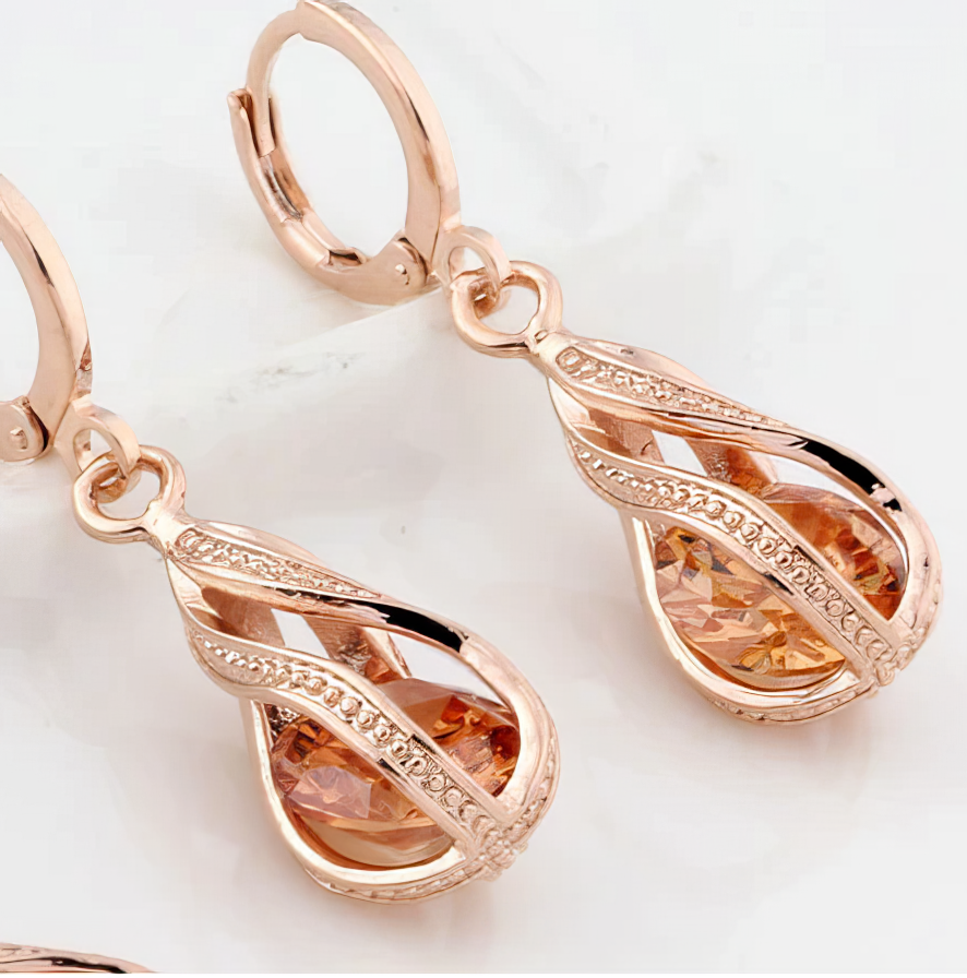 Rose Gold Water Drop Earrings with Amber Glass Stone