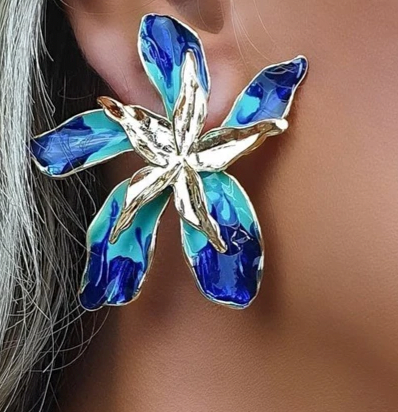 Big Flower Stud Statement Earrings in Blue and Green