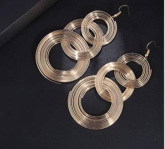 Big Geometric 3 Circle Metal Long Dangle Earrings in Gold