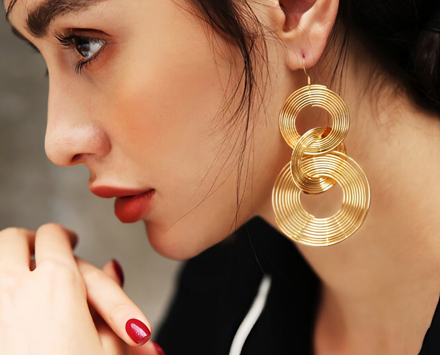 Big Geometric 3 Circle Metal Long Dangle Earrings in Gold