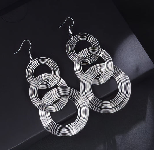 Big Geometric 3 Circle Metal Long Dangle Earrings in Silver