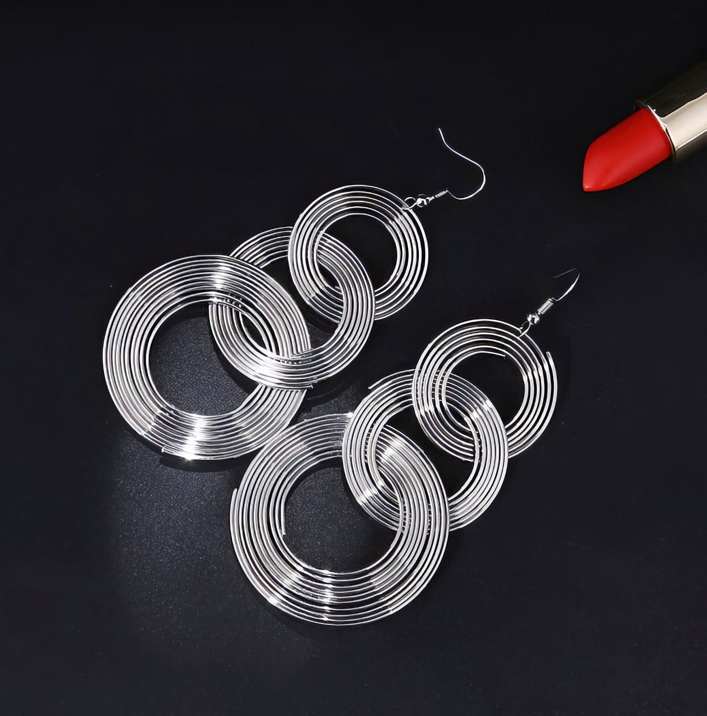 Big Geometric 3 Circle Metal Long Dangle Earrings in Silver