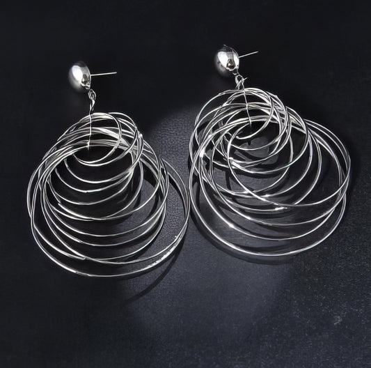 Round Big Metal Circles Dangle Earrings in Silver