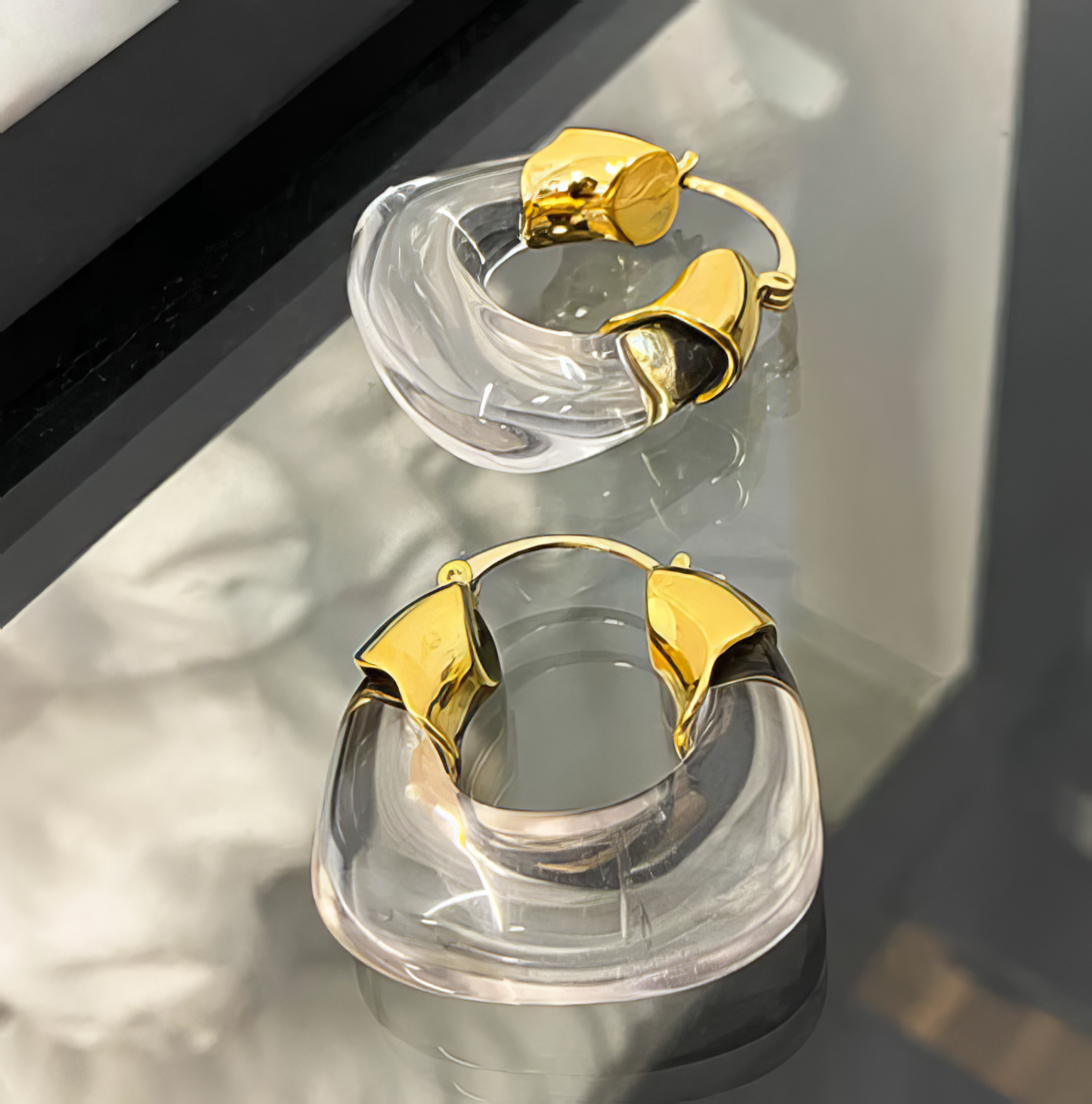 Clear Drop Hoop Earrings in Clear and Gold