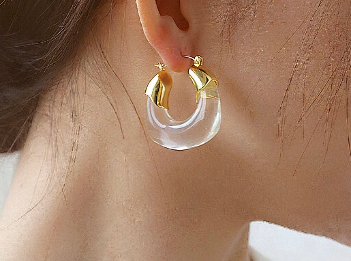 Clear Drop Hoop Earrings in Clear and Gold