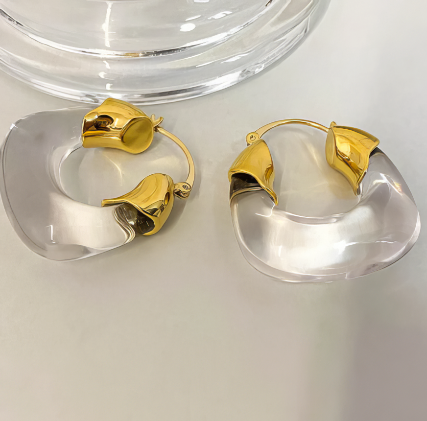 Clear Drop Hoop Earrings in Clear and Gold