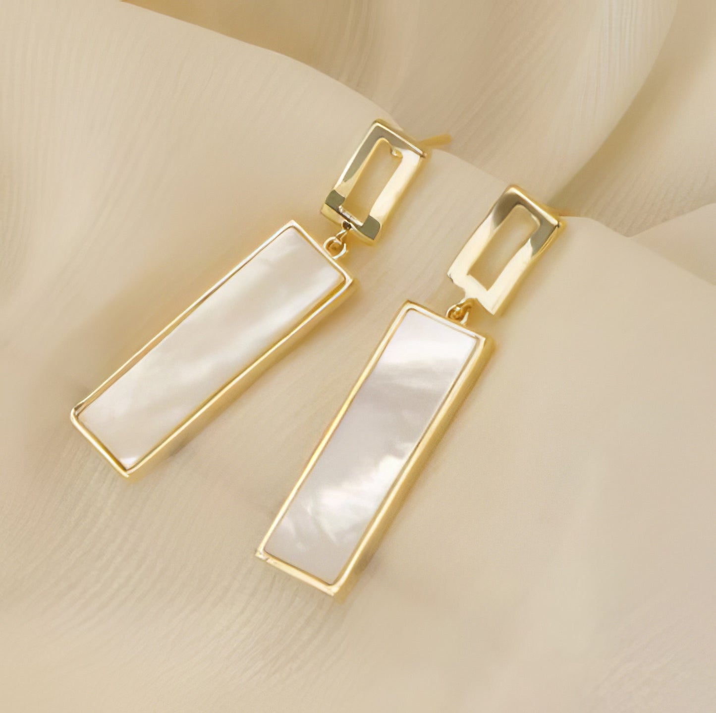 Moonstone Rectangle Dangle Earrings in White and Gold