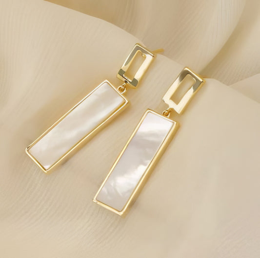 Moonstone Rectangle Dangle Earrings in White and Gold