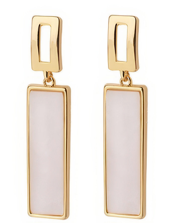 Moonstone Rectangle Dangle Earrings in White and Gold