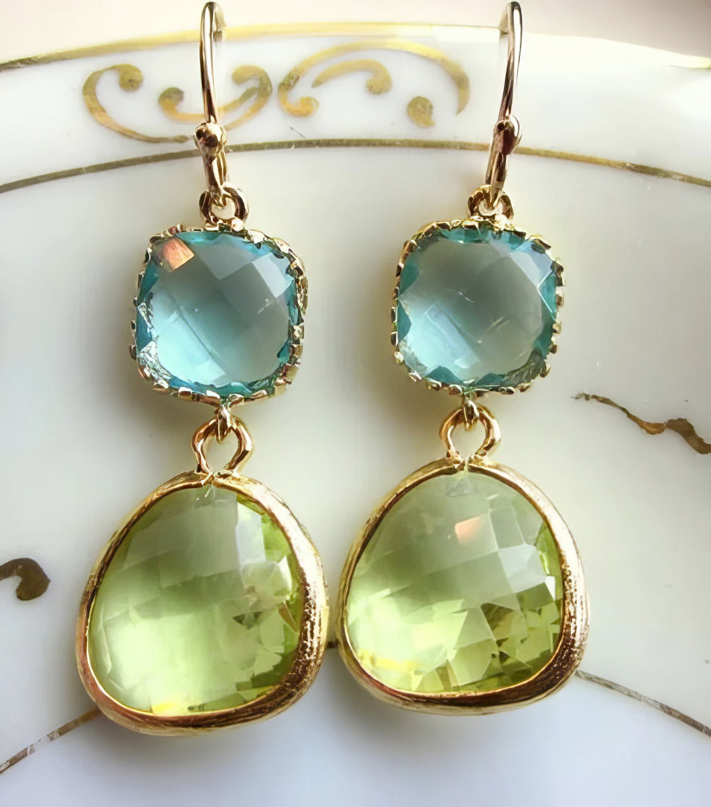 Classic Boho Drop  Dangling Earrings in Green Blue and Gold