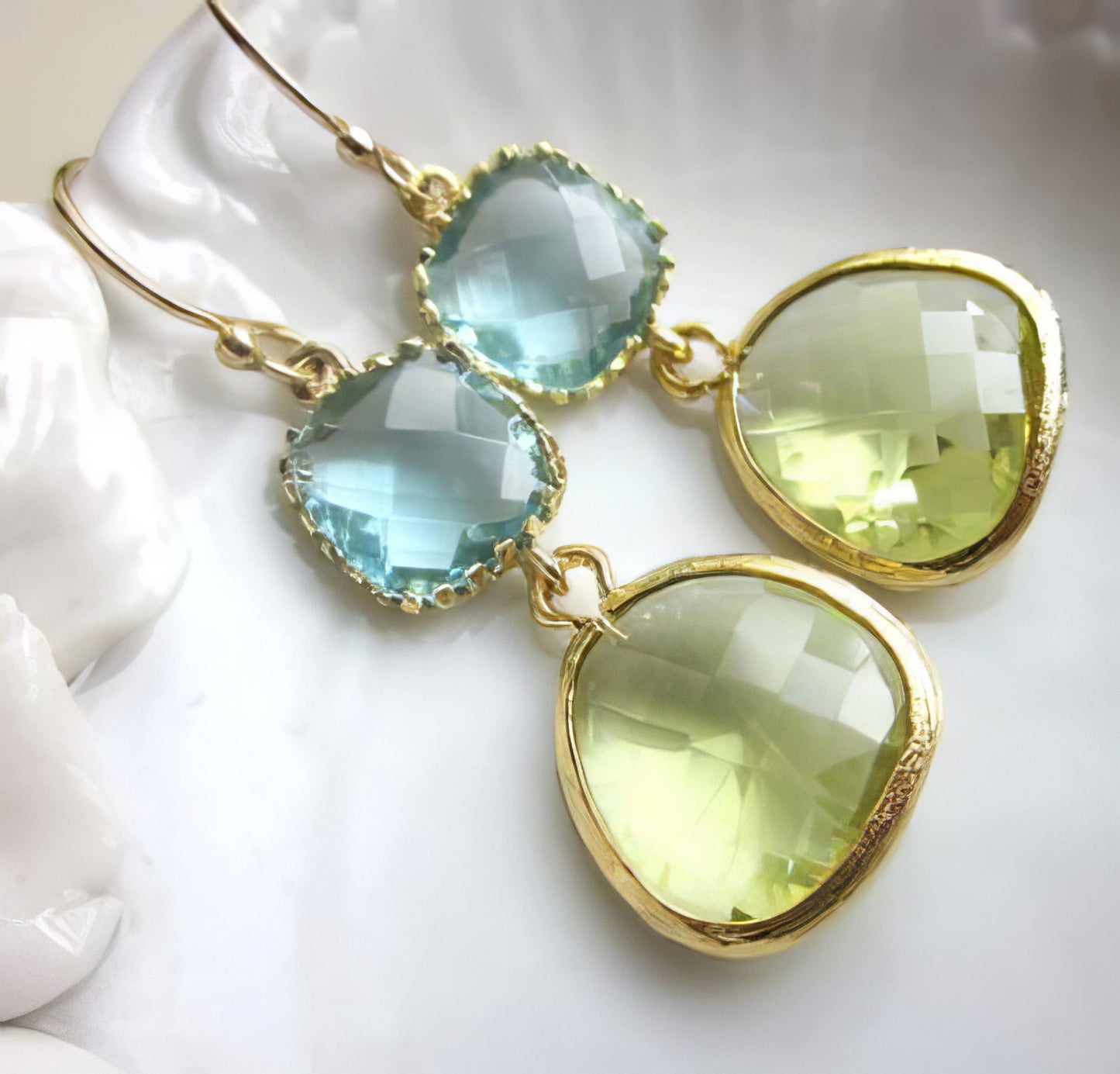 Classic Boho Drop  Dangling Earrings in Green Blue and Gold