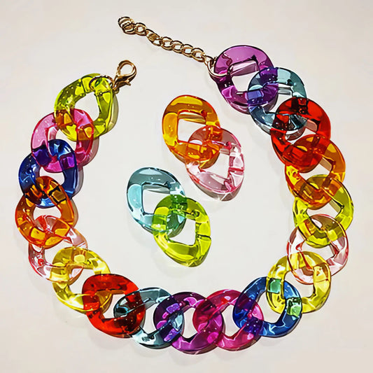 Multi Color Acrylic Chunky Chain Necklace Earrings Set