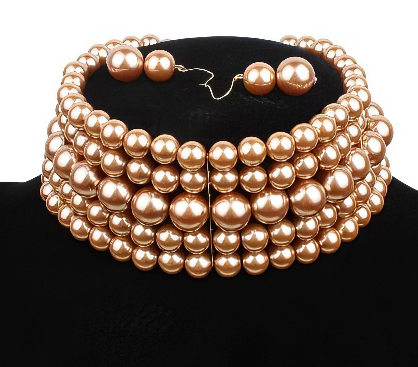 Multi-layer Imitation Pearl Beaded Short Necklace Earring Set in Champagne and Gold