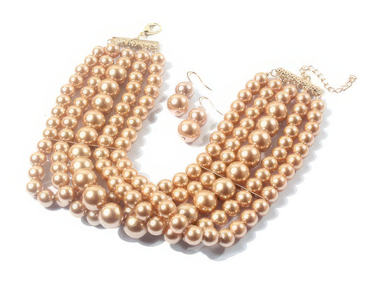 Multi-layer Imitation Pearl Beaded Short Necklace Earring Set in Champagne and Gold