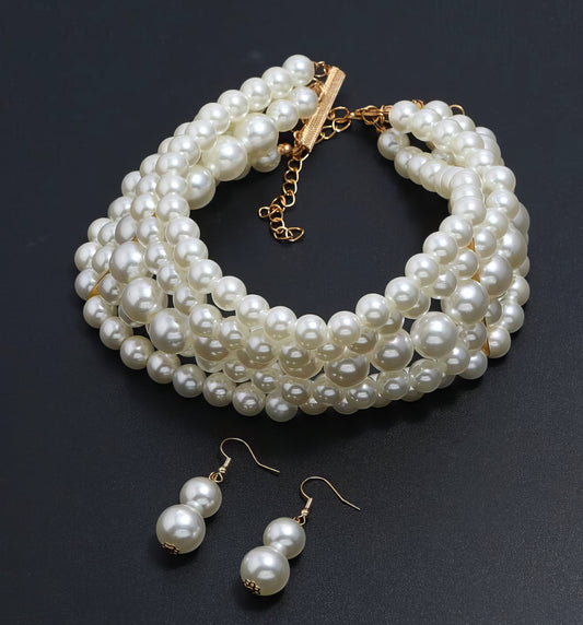 Multi-layer Imitation Pearl Beaded Short Necklace Earring Set in White and Gold