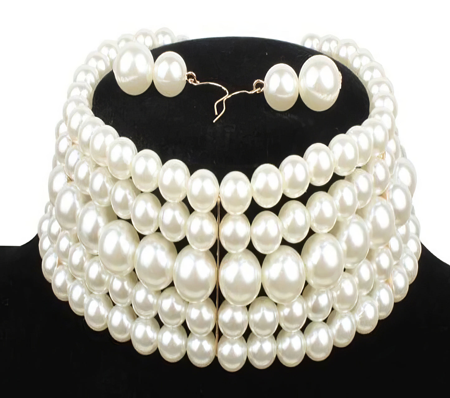 Multi-layer Imitation Pearl Beaded Short Necklace Earring Set in White and Gold