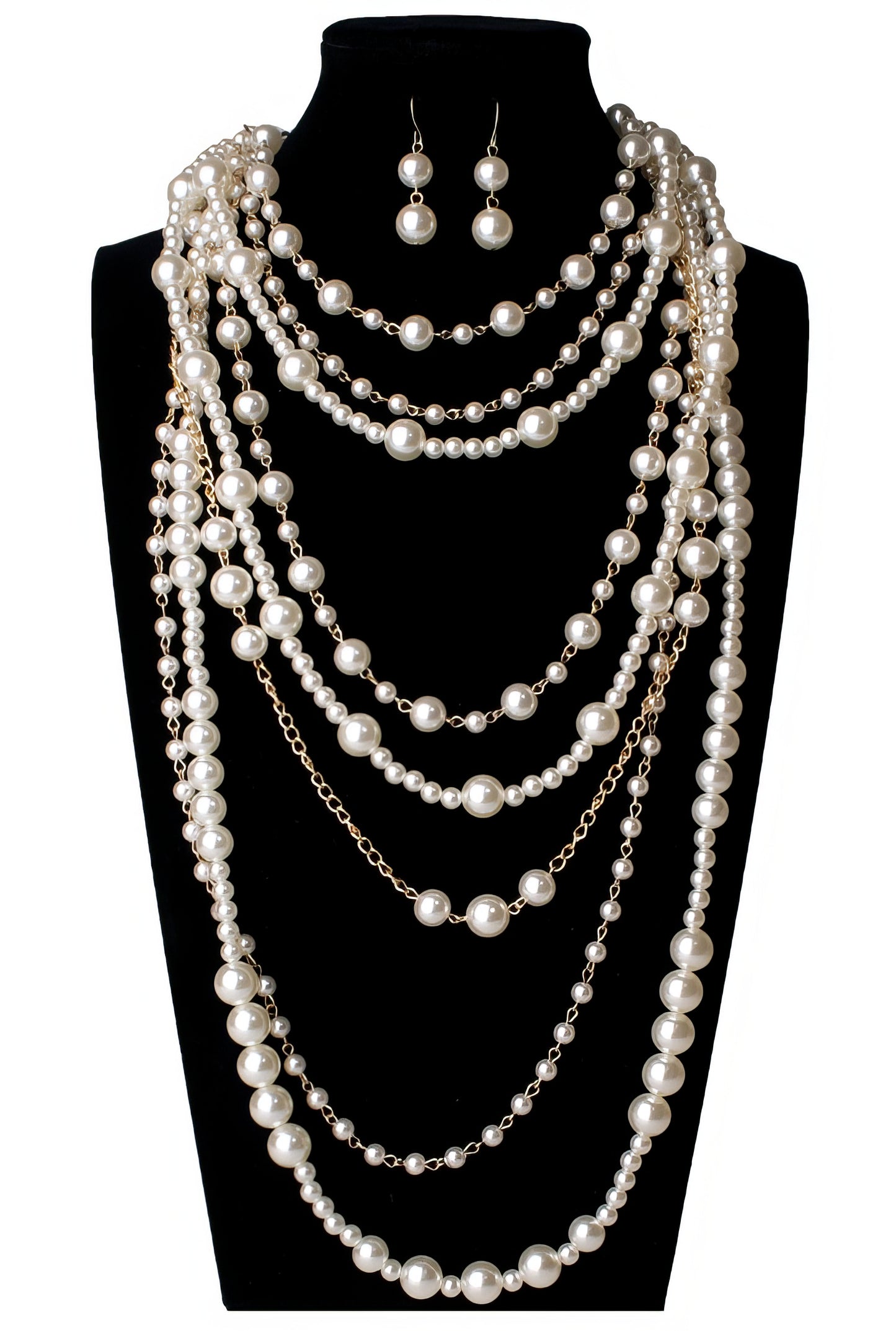 Multi-layer Simulated Pearls Chain Long Necklace Earring Set in White and Gold