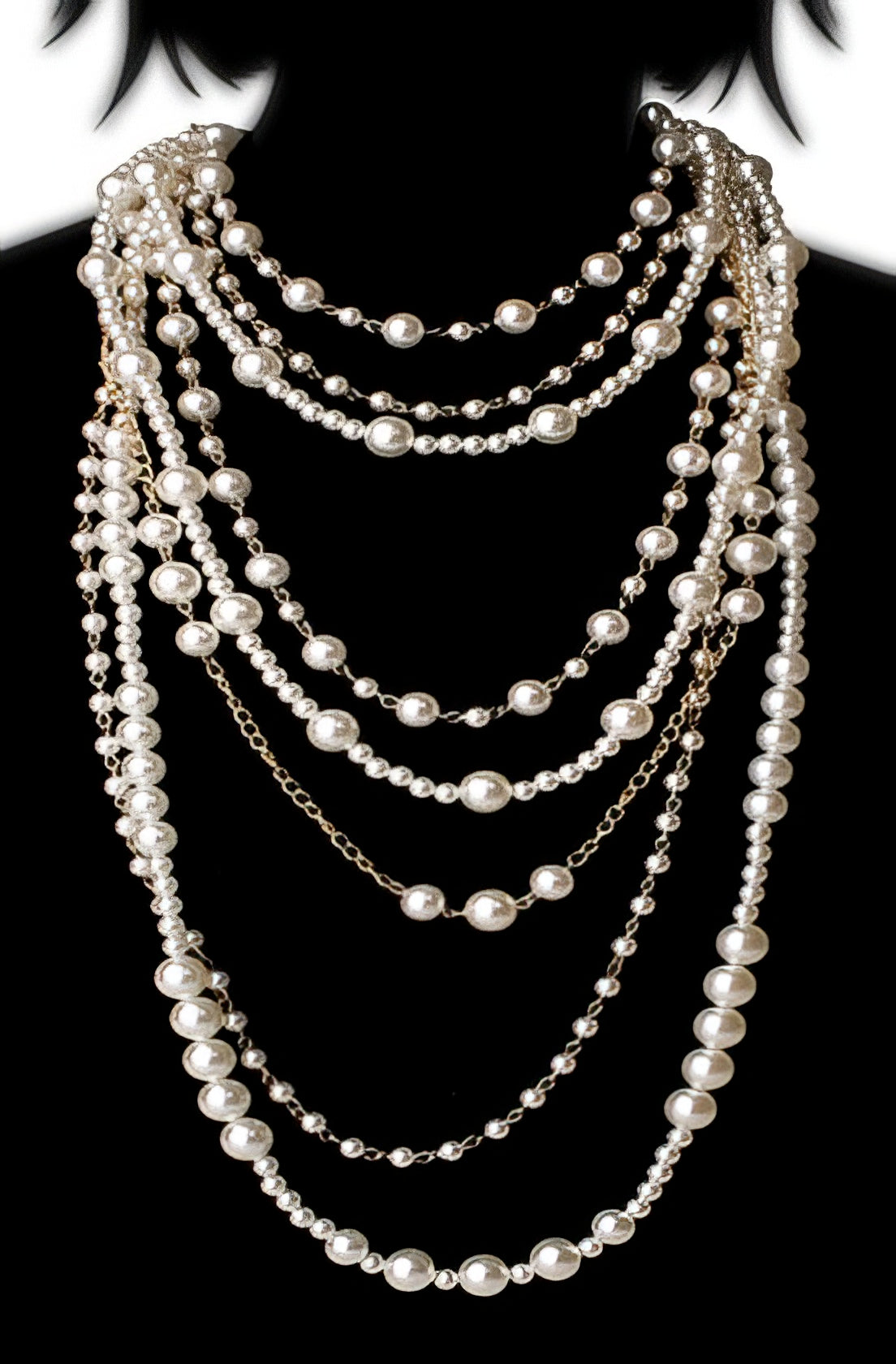 Multi-layer Simulated Pearls Chain Long Necklace Earring Set in White and Gold