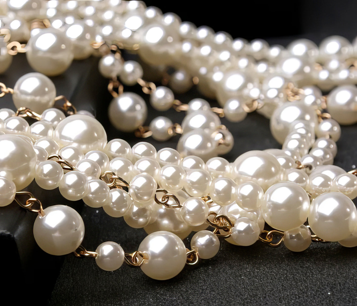 Multi-layer Simulated Pearls Chain Long Necklace Earring Set in White and Gold