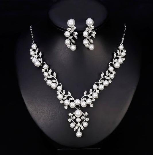 Bridal Sparkling Crystal Pearl Leaf Necklace Earrings Set