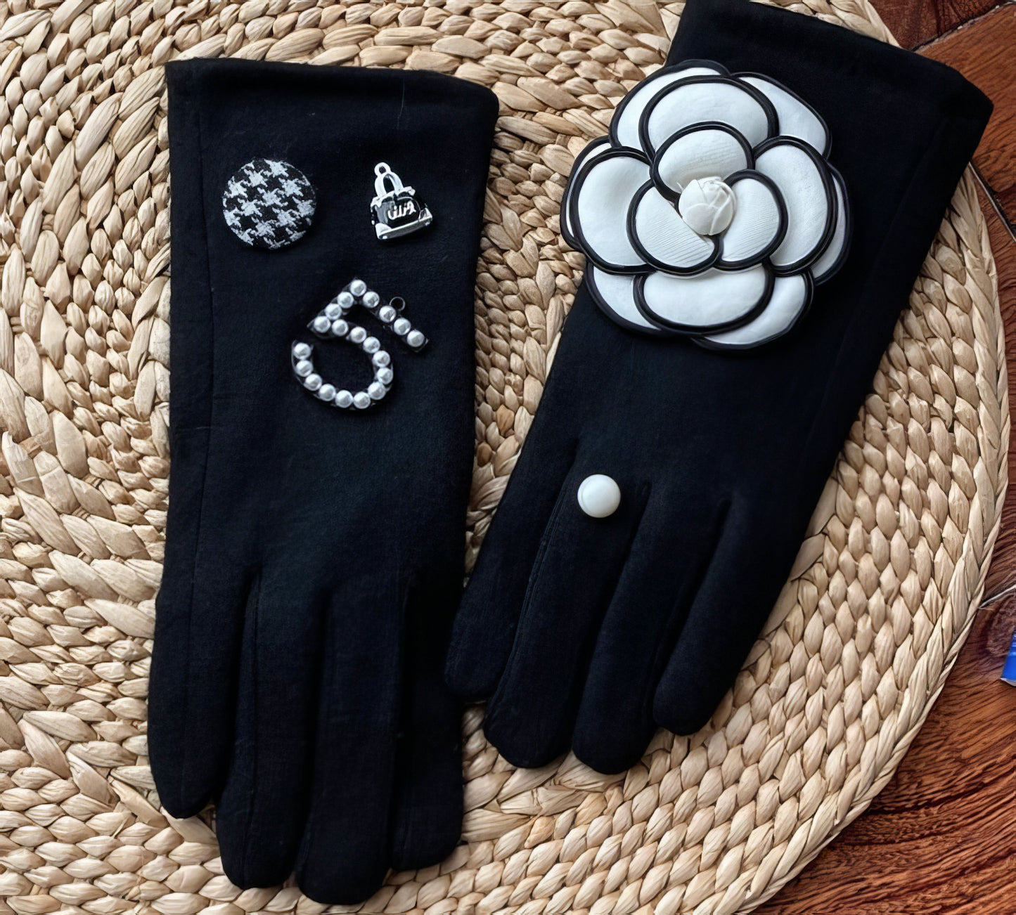 Camellia Inspired Designer No5 Luxury Gloves in Black