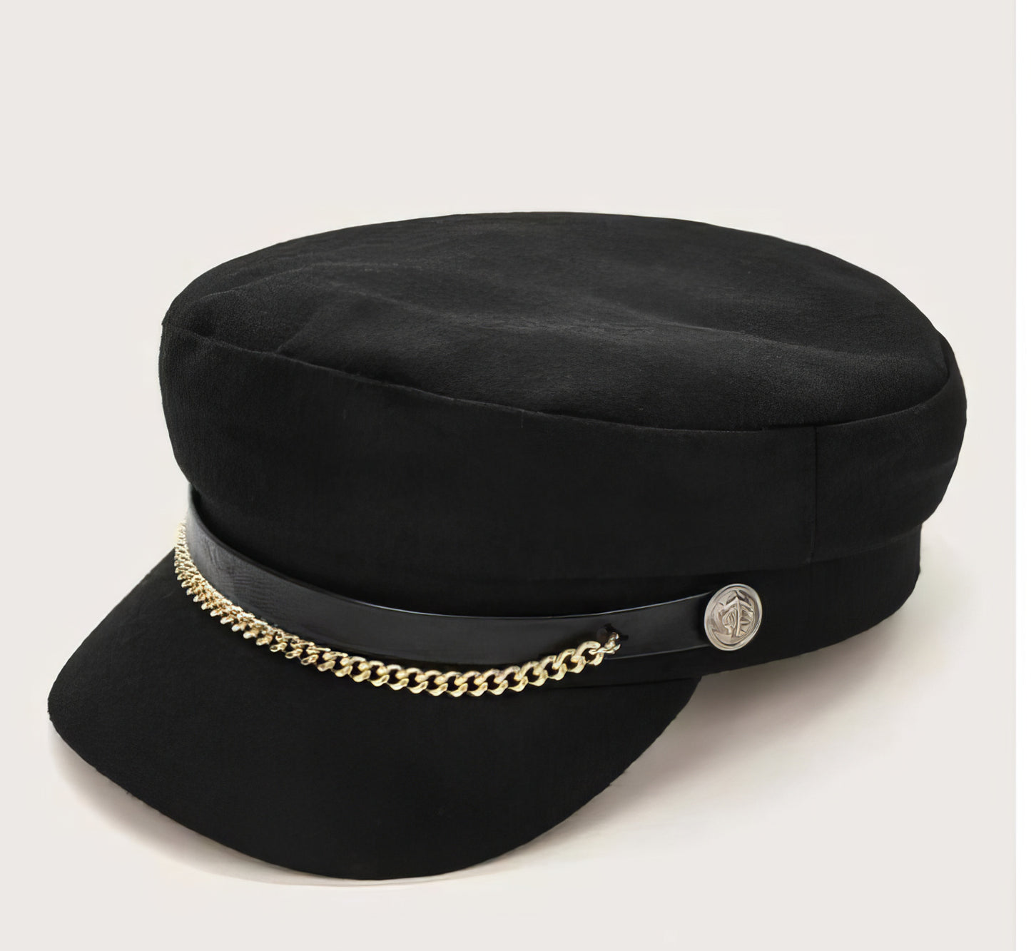 Luxury Brand with Gold Chain Anchor Buttons Newsboy Cap in Black and Gold