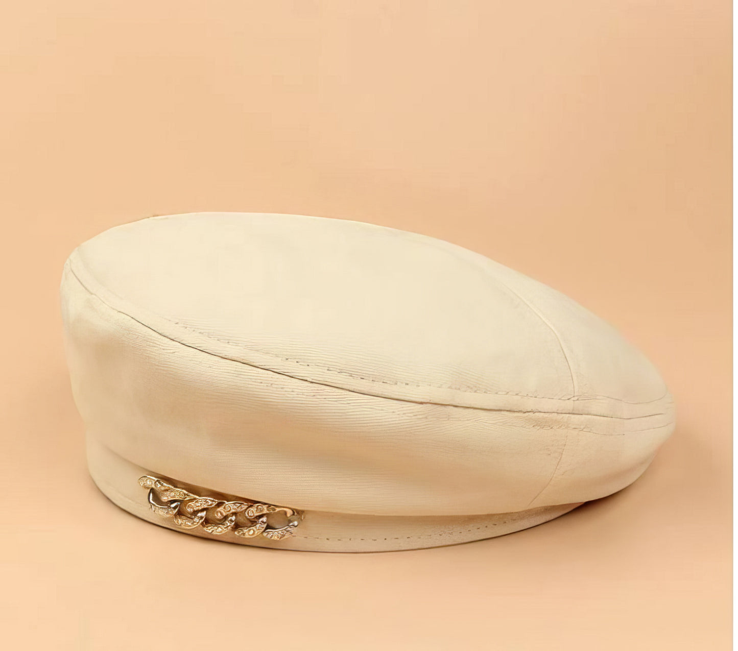 Luxury Brand with Gold Rhinestone Chain Beret Cap in Cream and Gold