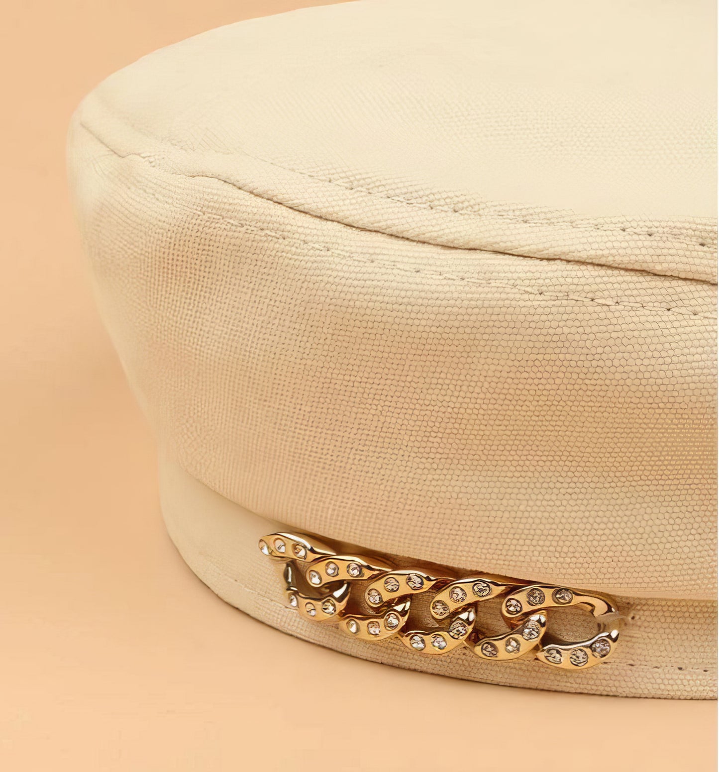 Luxury Brand with Gold Rhinestone Chain Beret Cap in Cream and Gold