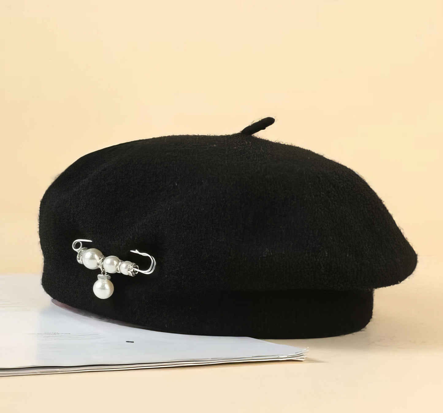 Fashion Beret with Pearl Crystal Pin in Black