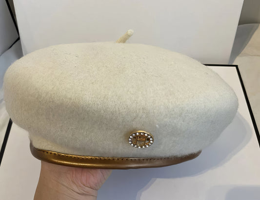 Fashion Beret Letter H in Cream with Gold Trim