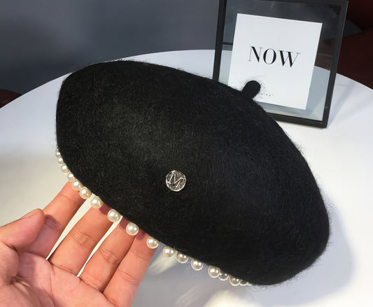 Letter M Wool Beret with Pearl Brim in Black