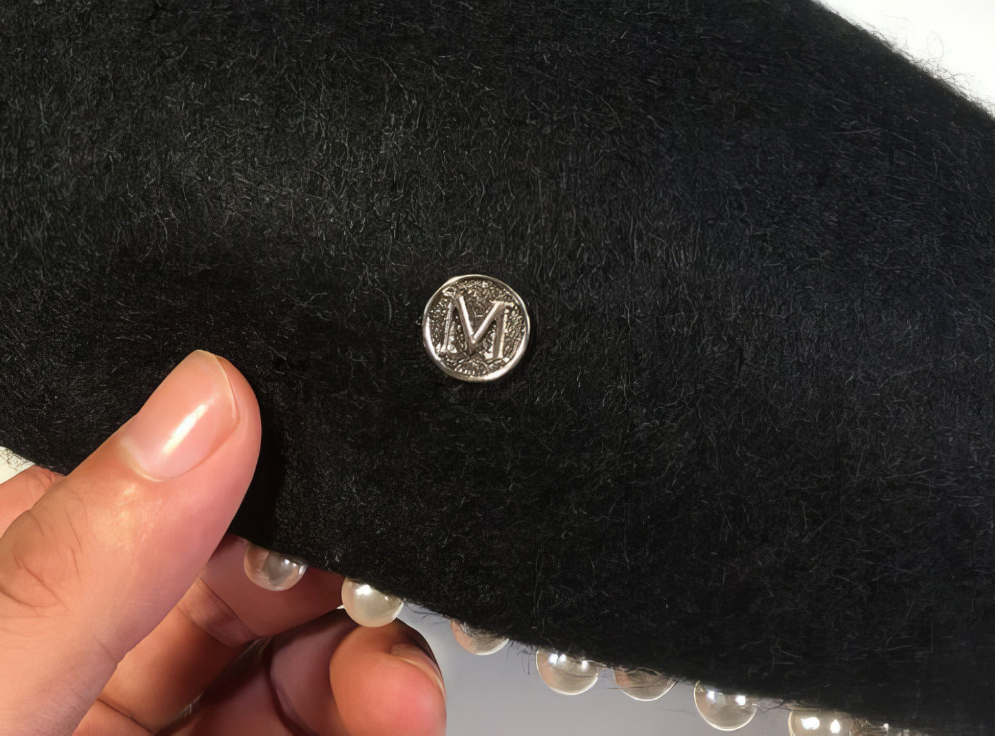 Letter M Wool Beret with Pearl Brim in Black