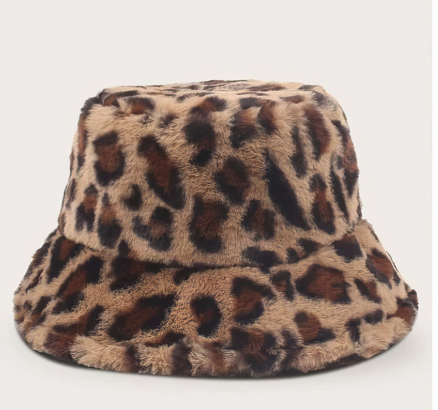 Faux Fur Brown Leopard Bucket Hat in Brown and Black