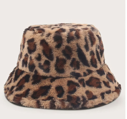 Faux Fur Brown Leopard Bucket Hat in Brown and Black