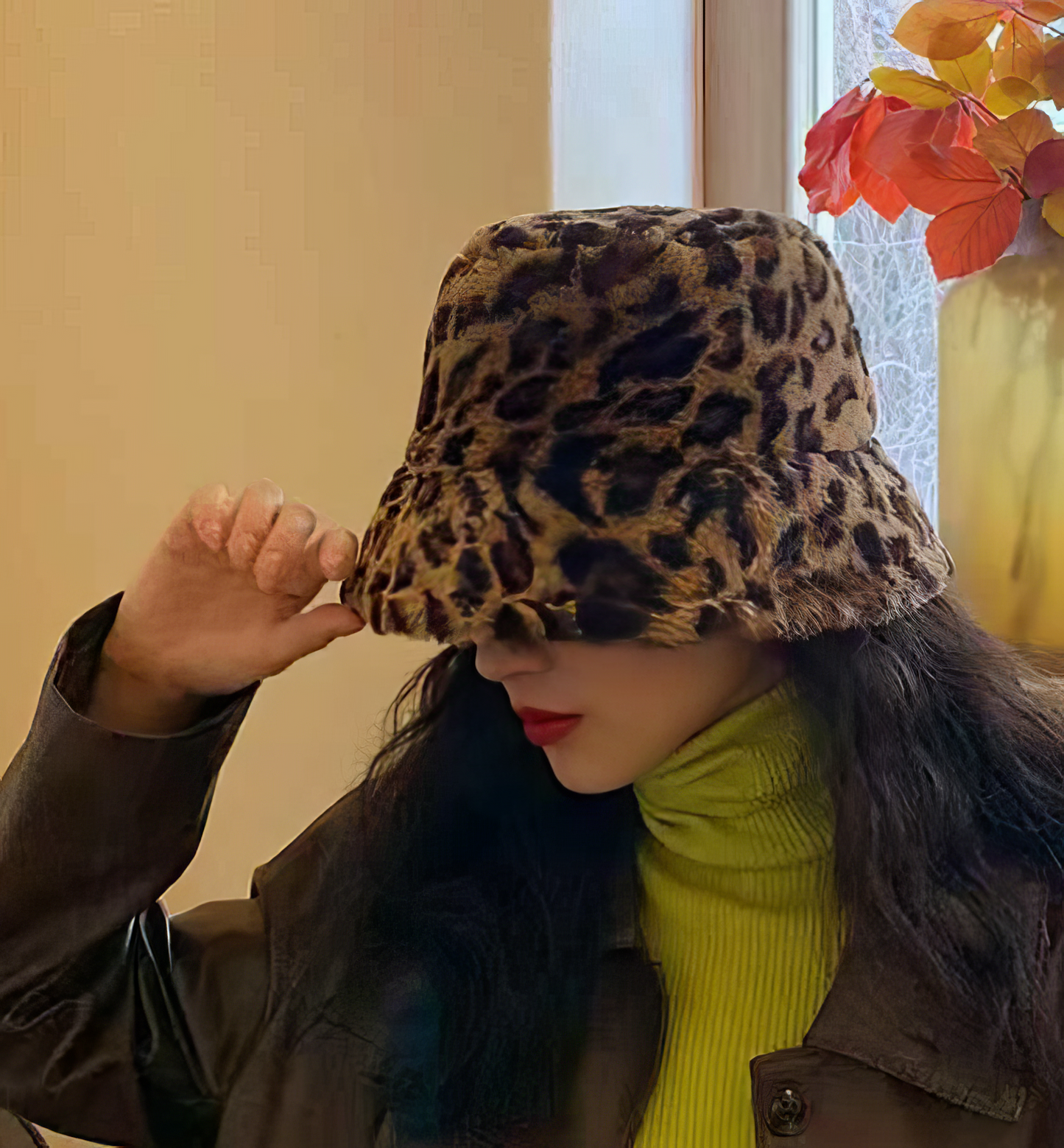 Faux Fur Brown Leopard Bucket Hat in Brown and Black