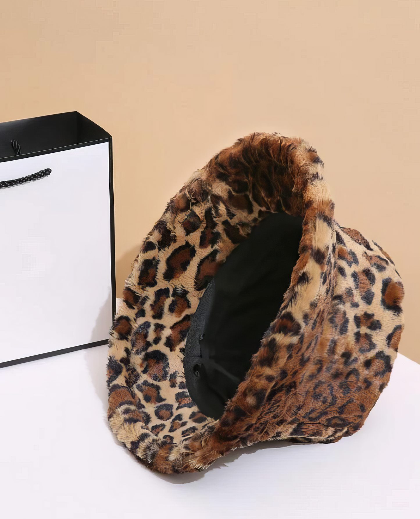 Faux Fur Brown Leopard Bucket Hat in Brown and Black