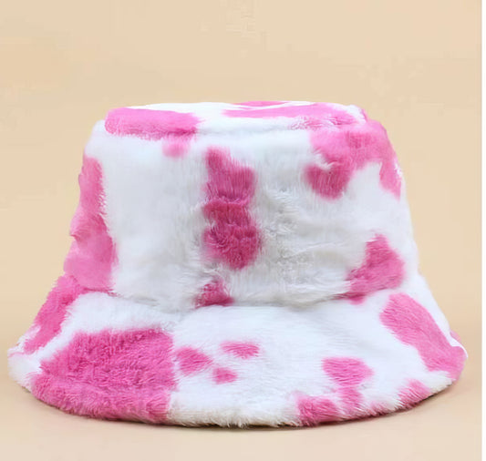 Faux Fur Cow Pattern Bucket Hat in Pink and White