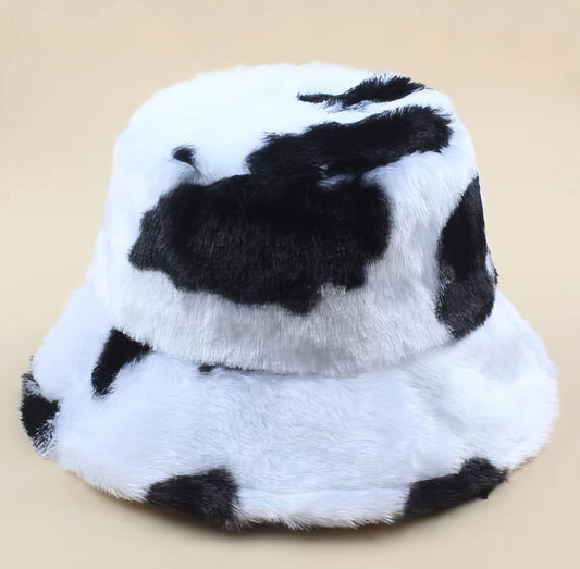 Faux Fur Cow Pattern Bucket Hat in Black and White