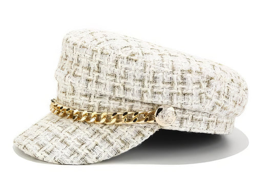 Fashion Brand women hat Tweed plaid newsboy caps chain flat top visor cap vintage plaid military cap in ivory and Gold