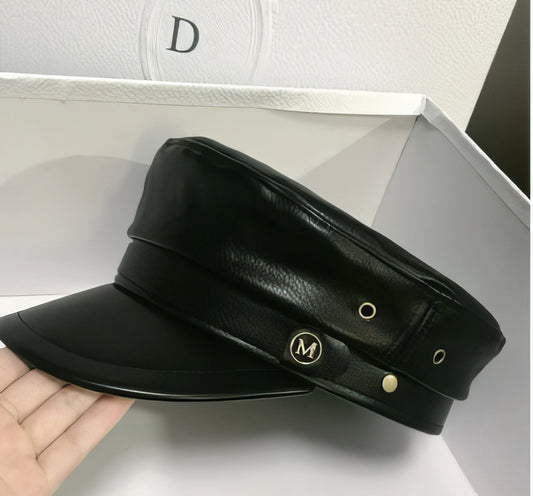 Luxury Brand  PU Leather newsboy cap with letter M Black