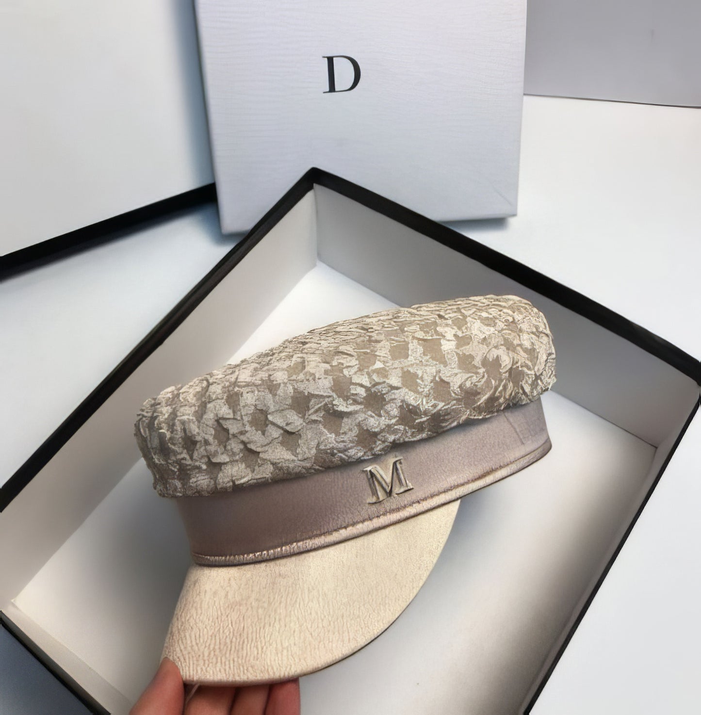 Luxury Brand Herringbone Newsboy Cap in Taupe with Gold Brim Letter M detail