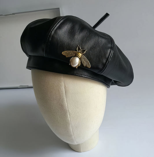 Fashion Bee  Black Pu Leather Beret Hat