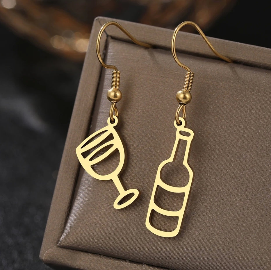 Stainless Steel Wine Glass and Wine Bottle Earrings in Gold