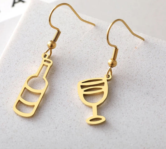 Stainless Steel Wine Glass and Wine Bottle Earrings in Gold