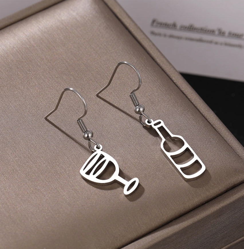 Stainless Steel Wine Glass and Wine Bottle Earrings in Silver