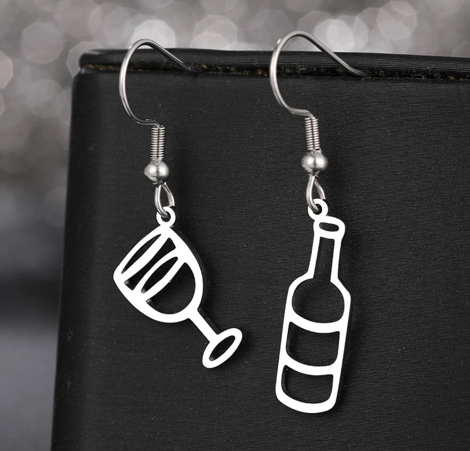 Stainless Steel Wine Glass and Wine Bottle Earrings in Silver