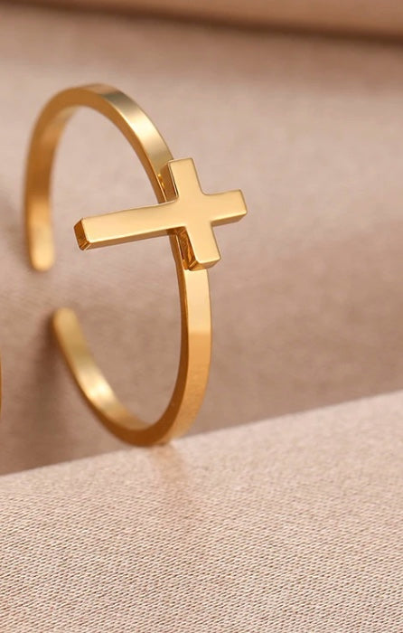 Stainless Steel Cross Adjustable Ring in Gold